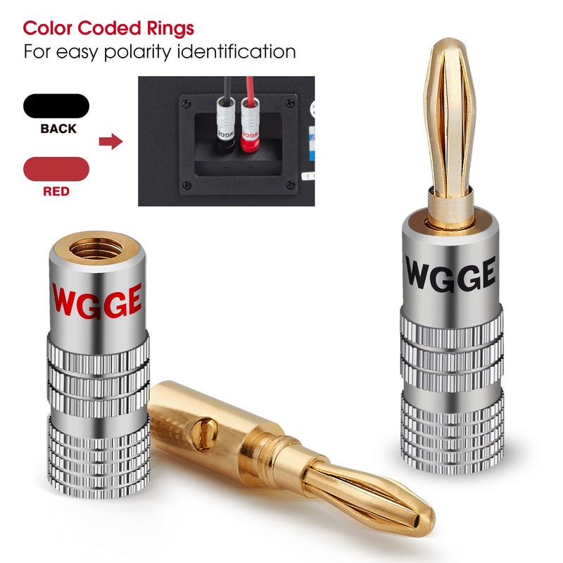 WGGE WG-009 Banana Plugs Audio Jack Connector, 24k Gold Dual Screw Lock Speaker Connector for Speaker Wire, Wall Plate, Home Theater, Audio/Video Receiver and Sound Systems (6 Pairs / 12 pcs) - Image 4
